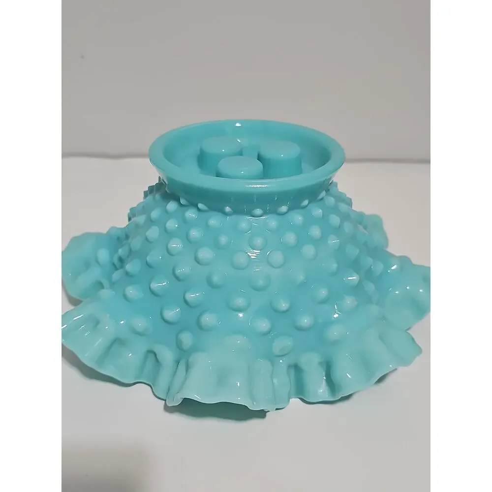 Fenton Aqua Milk Glass Three Horn Hobnail Epergne Vase/Bowl Mint Condition